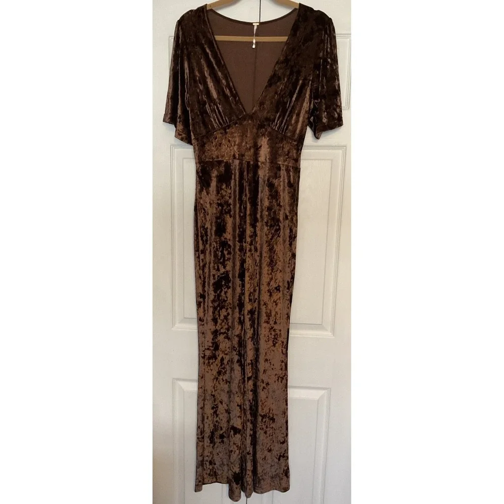 Free People Night Fever Jumpsuit Brown Crushed Velvet‎ Size Small